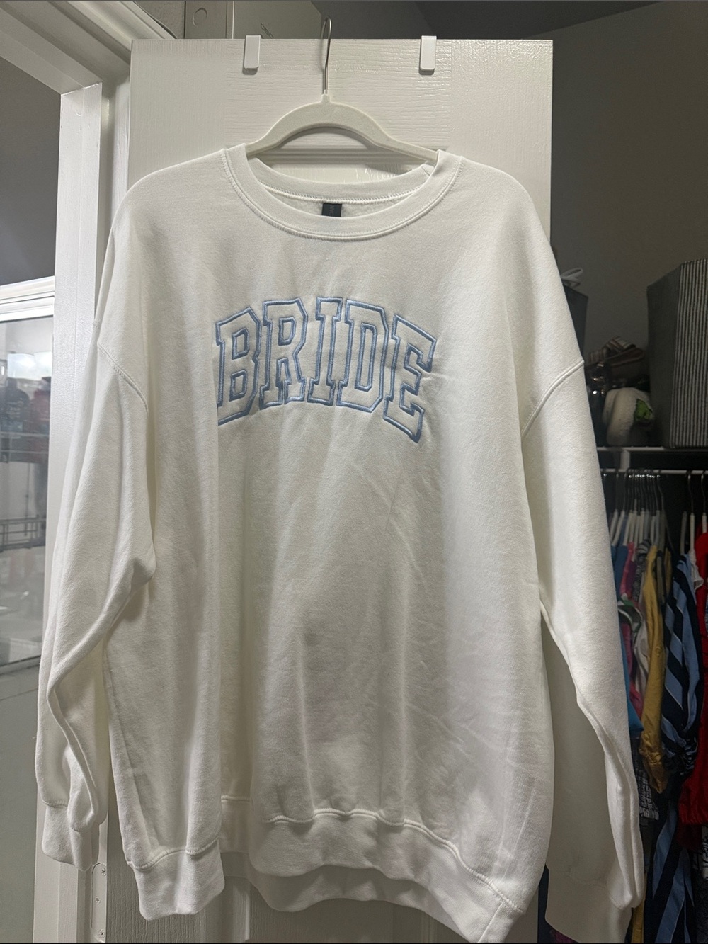 Gildan White Sweatshirt with Light Blue "BRIDE" Applique
